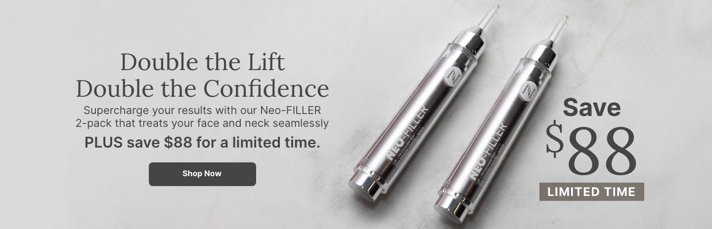 Two Neo-FILLER tubes displayed on white blocks with text reading, “Double the Lift. Double the Confidence.” It highlights a 2-pack with a limited-time $51 savings offer and a “Shop Now” button.